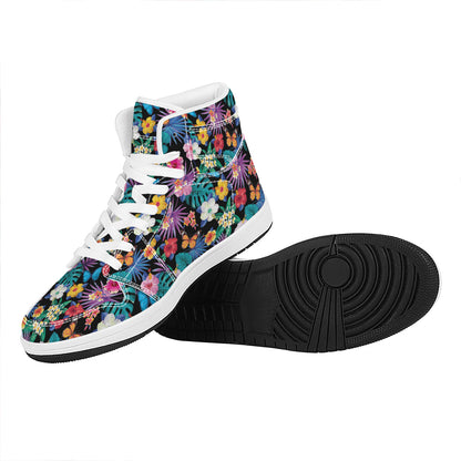Colorful Tropical Jungle Hawaiian Print High Top Leather Sneakers