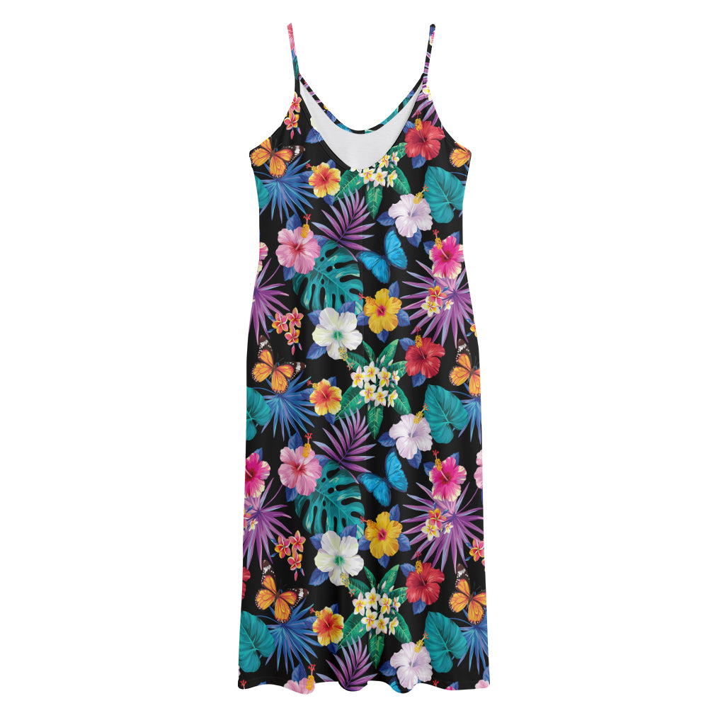 Colorful Tropical Jungle Hawaiian Print Jersey Midi Cami Dress