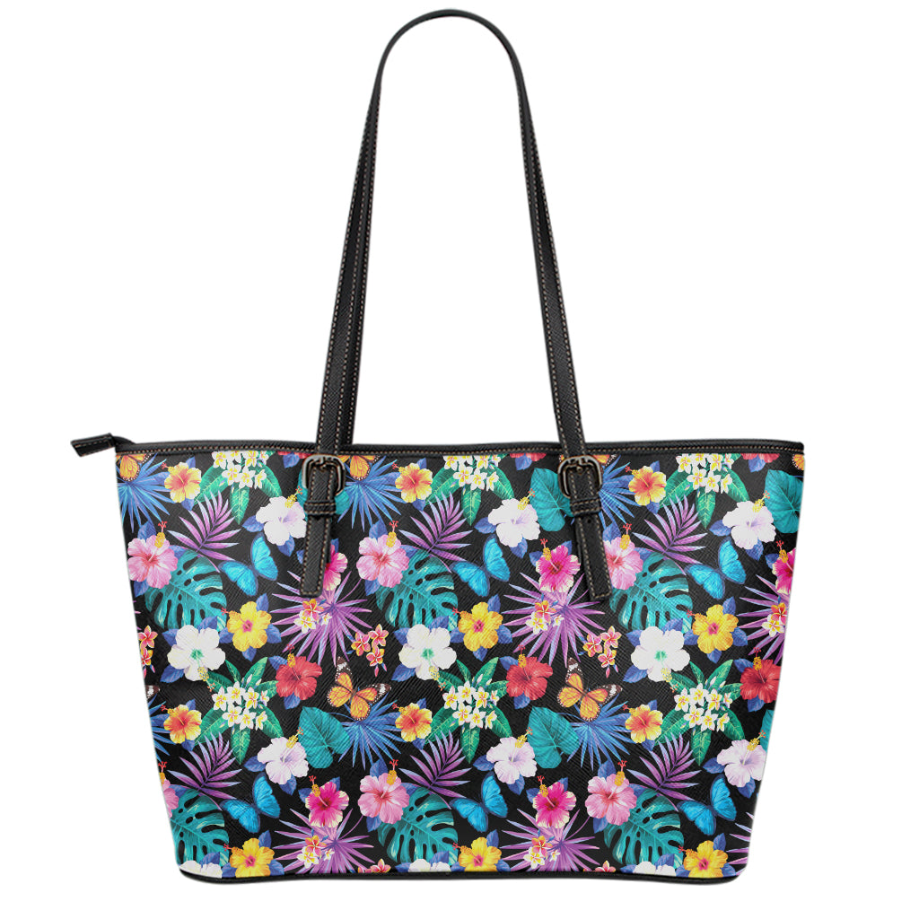 Colorful Tropical Jungle Hawaiian Print Leather Tote Bag