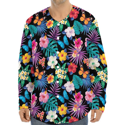Colorful Tropical Jungle Hawaiian Print Long Sleeve Baseball Jersey