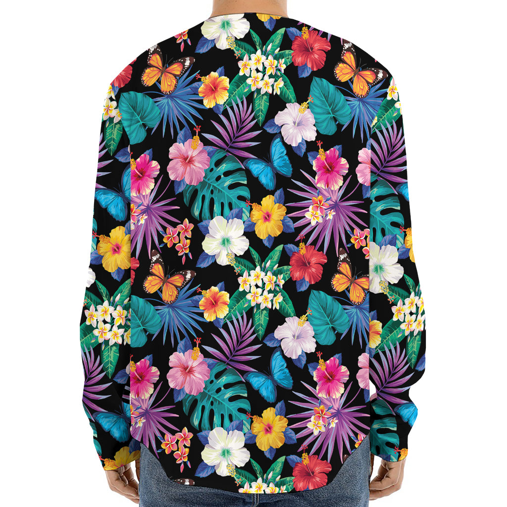 Colorful Tropical Jungle Hawaiian Print Long Sleeve Baseball Jersey