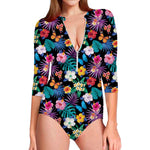 Colorful Tropical Jungle Hawaiian Print Long Sleeve Swimsuit