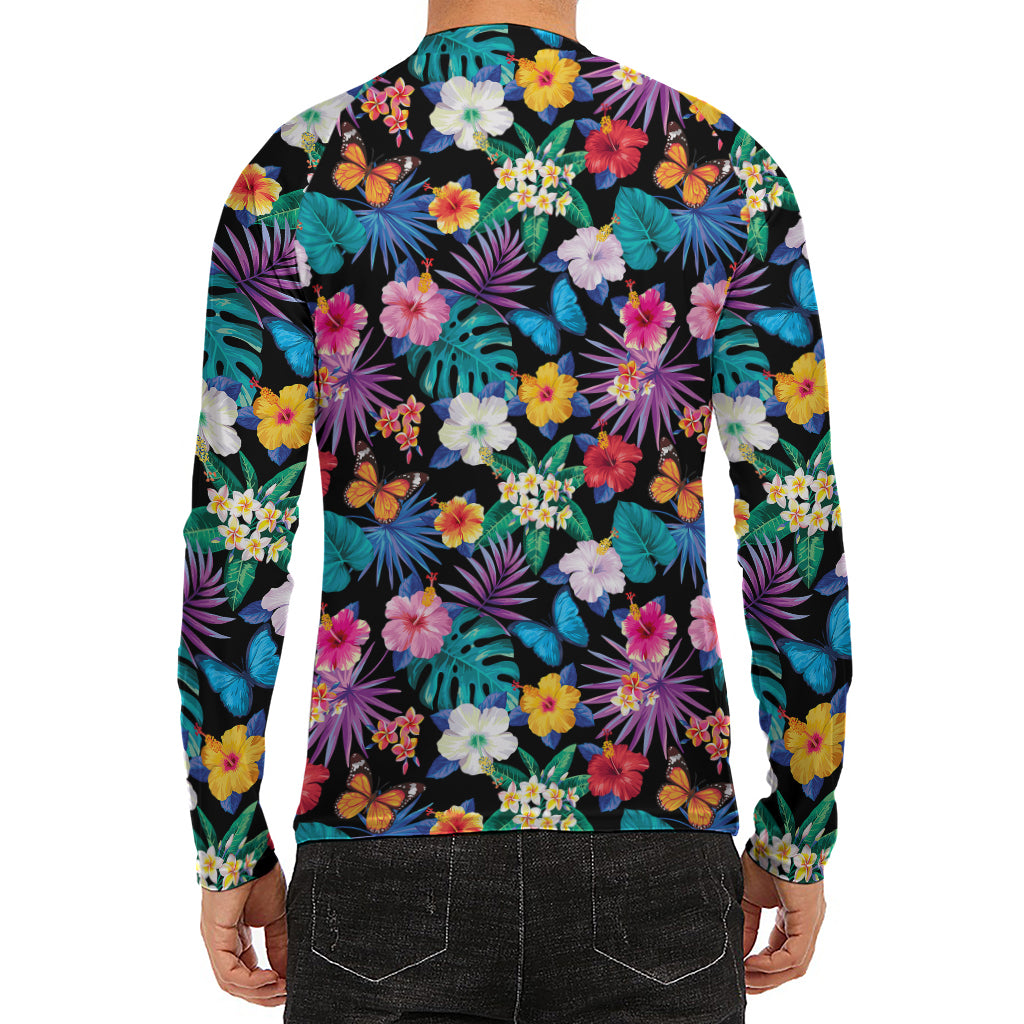 Colorful Tropical Jungle Hawaiian Print Men's Long Sleeve Rash Guard