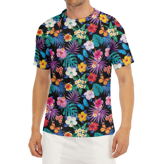 Colorful Tropical Jungle Hawaiian Print Men's Short Sleeve Rash Guard
