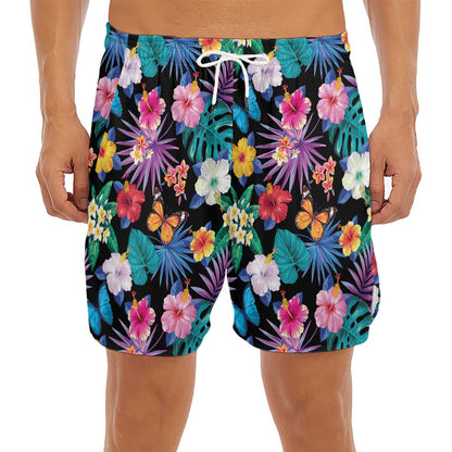 Colorful Tropical Jungle Hawaiian Print Men's Split Running Shorts