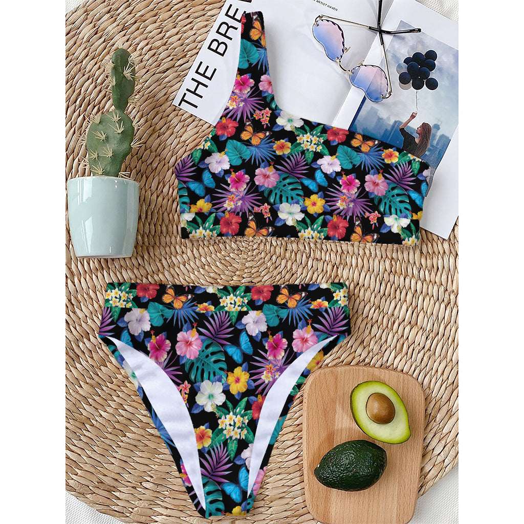 Colorful Tropical Jungle Hawaiian Print One Shoulder Bikini Top