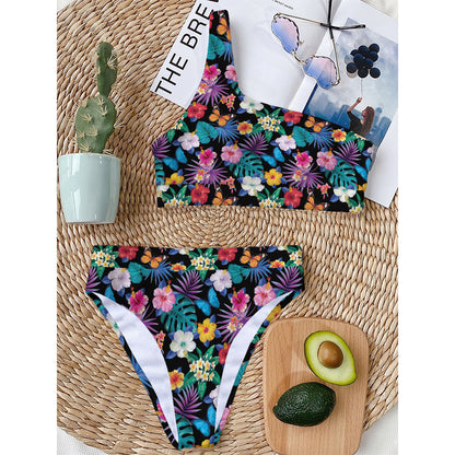 Colorful Tropical Jungle Hawaiian Print One Shoulder Bikini Top