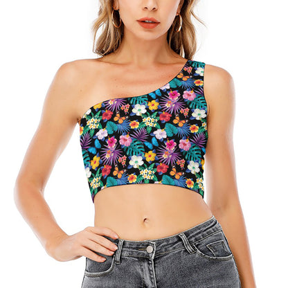 Colorful Tropical Jungle Hawaiian Print One Shoulder Crop Top