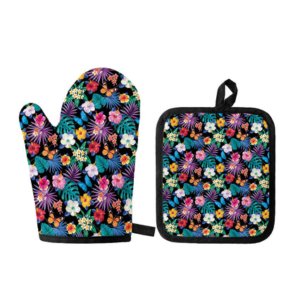Colorful Tropical Jungle Hawaiian Print Oven Mitt And Pot Holder Set
