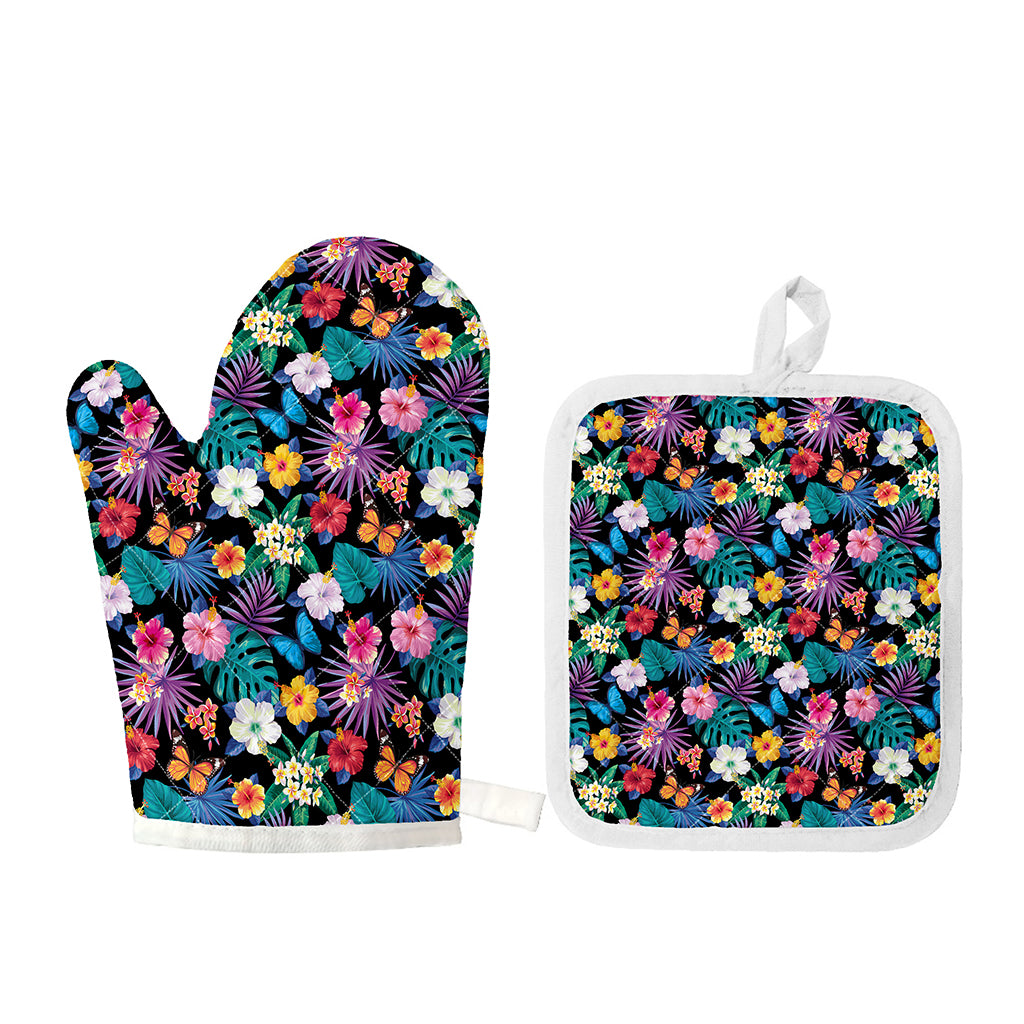 Colorful Tropical Jungle Hawaiian Print Oven Mitt And Pot Holder Set