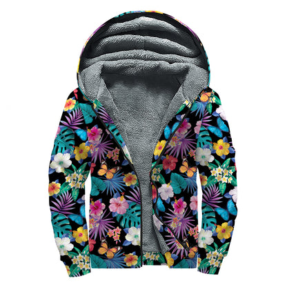 Colorful Tropical Jungle Hawaiian Print Sherpa Lined Zip Up Hoodie