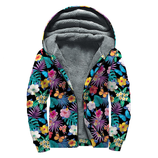 Colorful Tropical Jungle Hawaiian Print Sherpa Lined Zip Up Hoodie