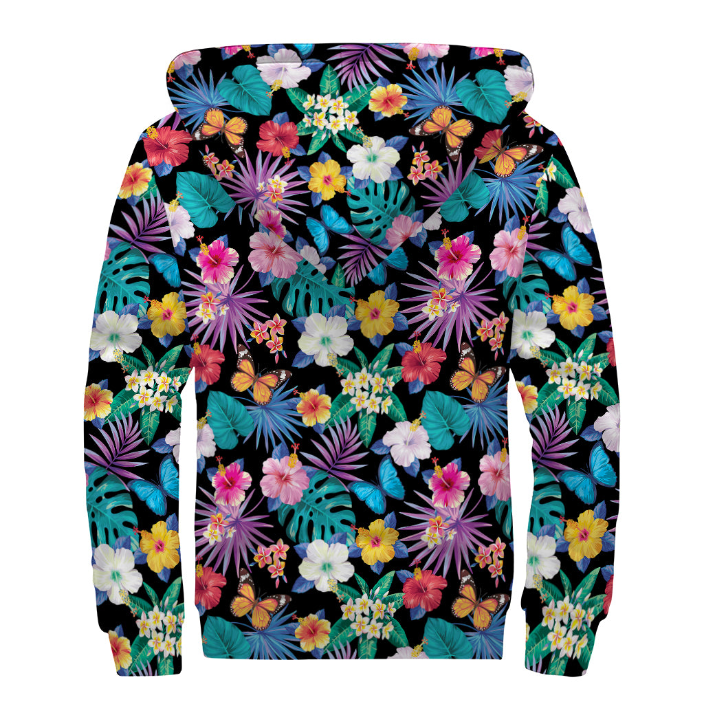 Colorful Tropical Jungle Hawaiian Print Sherpa Lined Zip Up Hoodie