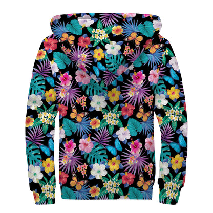 Colorful Tropical Jungle Hawaiian Print Sherpa Lined Zip Up Hoodie