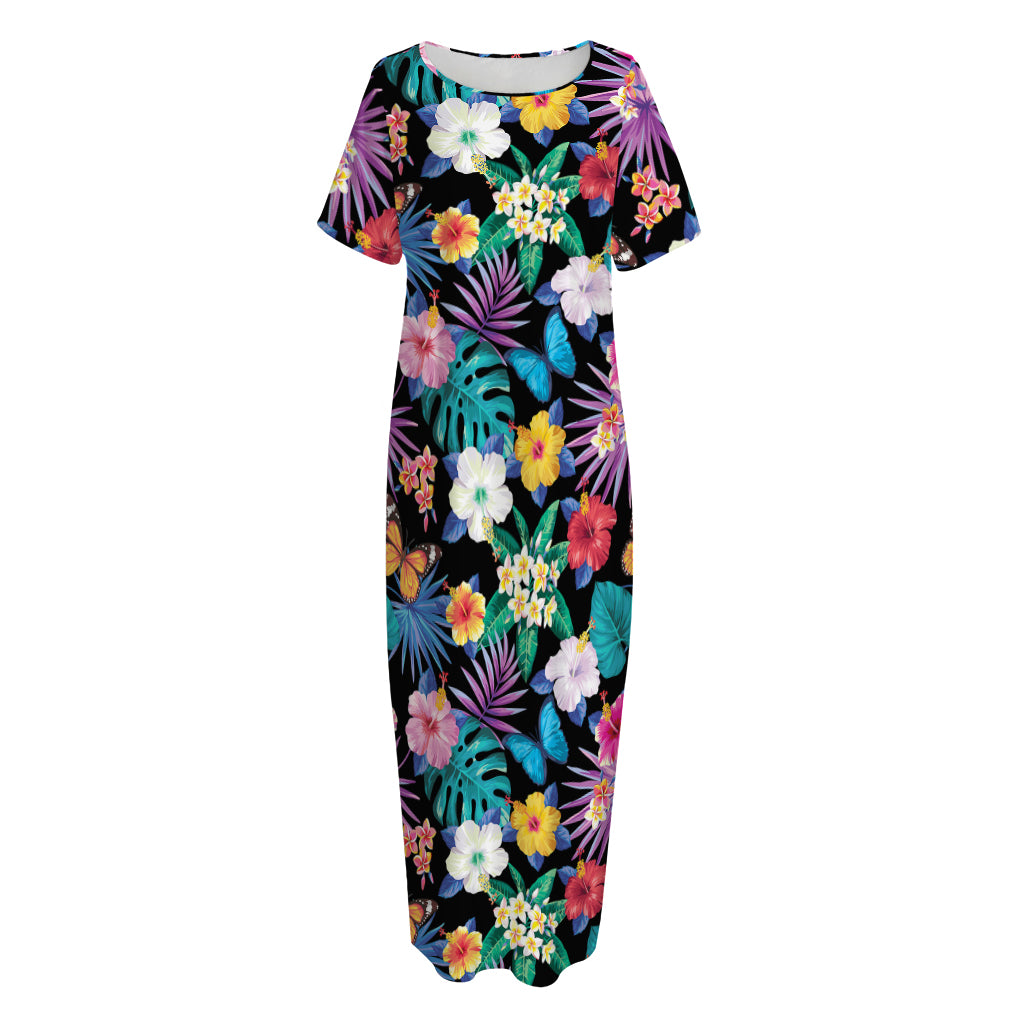 Colorful Tropical Jungle Hawaiian Print Short Sleeve Long Nightdress