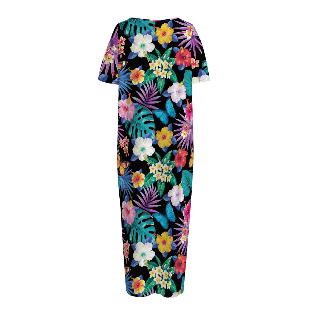 Colorful Tropical Jungle Hawaiian Print Short Sleeve Long Nightdress