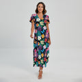 Colorful Tropical Jungle Hawaiian Print Short Sleeve Maxi Dress