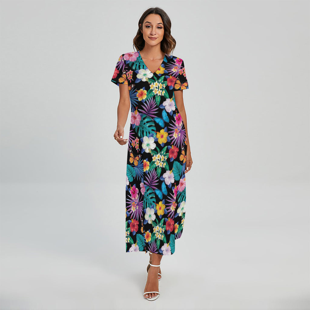 Colorful Tropical Jungle Hawaiian Print Short Sleeve Maxi Dress