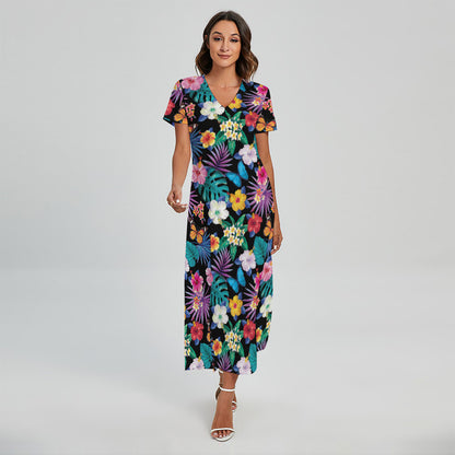 Colorful Tropical Jungle Hawaiian Print Short Sleeve Maxi Dress