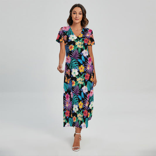 Colorful Tropical Jungle Hawaiian Print Short Sleeve Maxi Dress