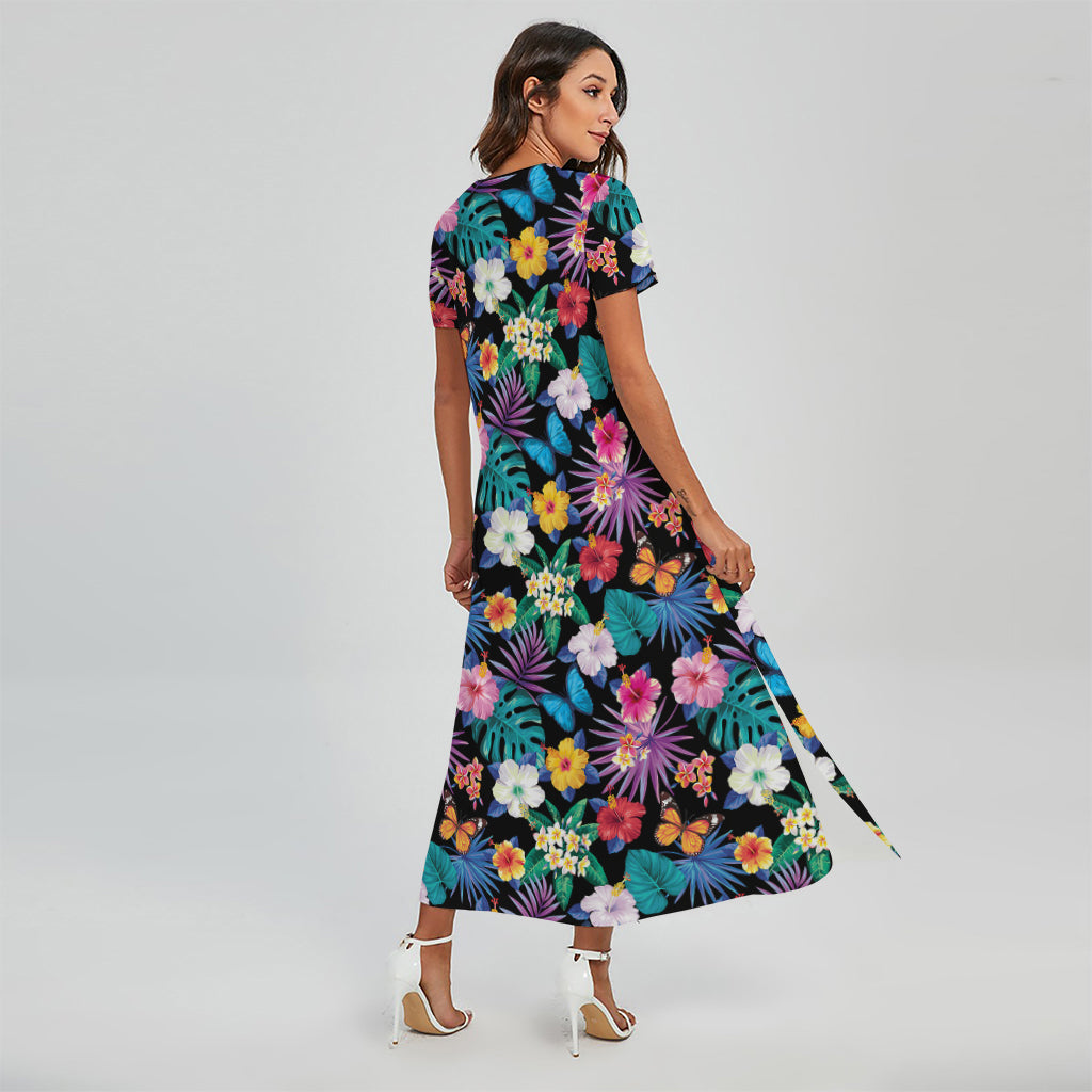 Colorful Tropical Jungle Hawaiian Print Short Sleeve Maxi Dress