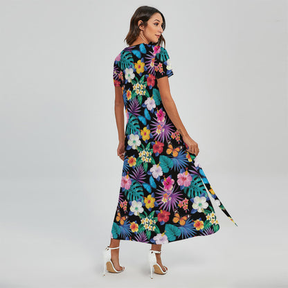 Colorful Tropical Jungle Hawaiian Print Short Sleeve Maxi Dress