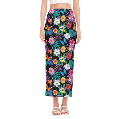 Colorful Tropical Jungle Hawaiian Print Side Slit Maxi Skirt
