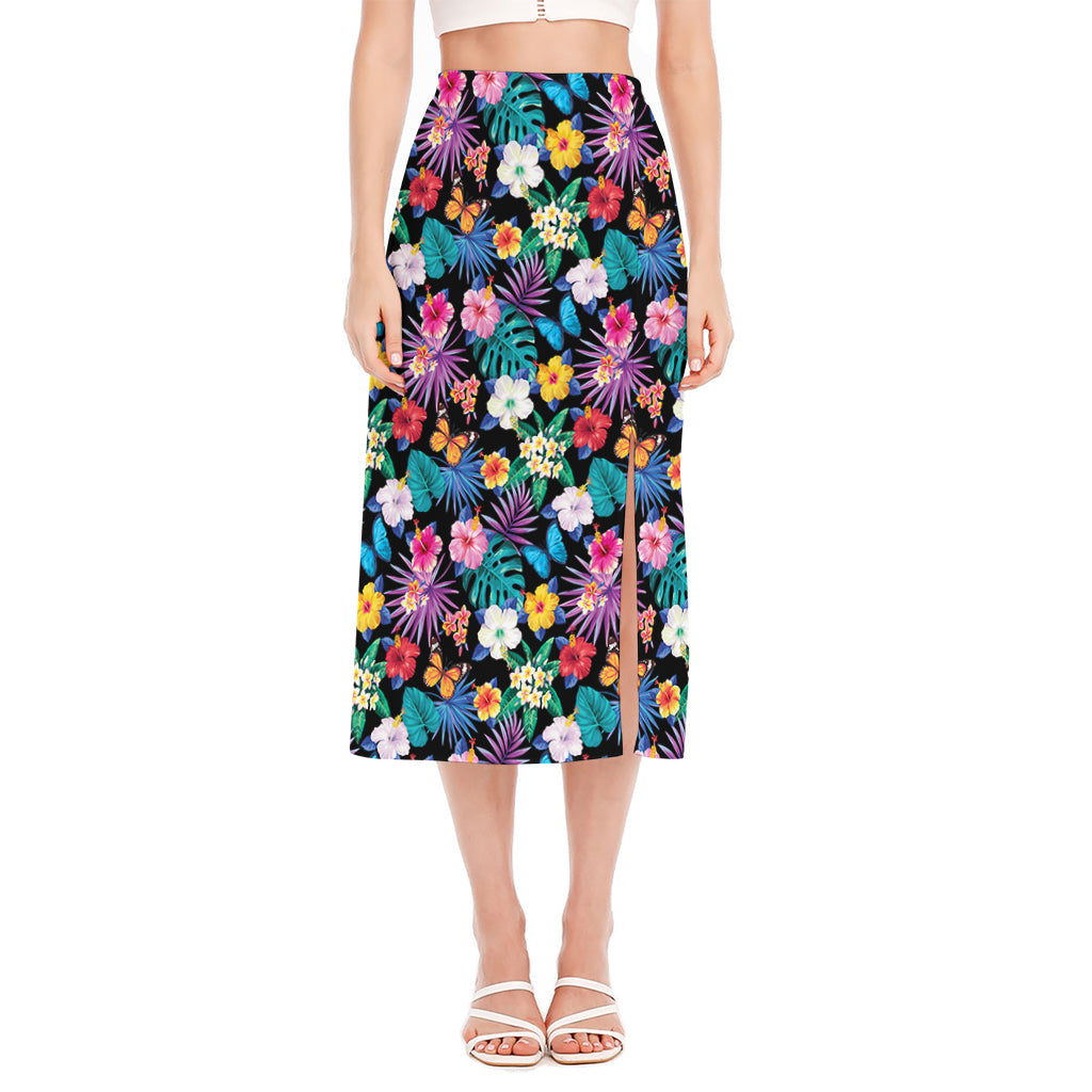 Colorful Tropical Jungle Hawaiian Print Side Slit Midi Skirt