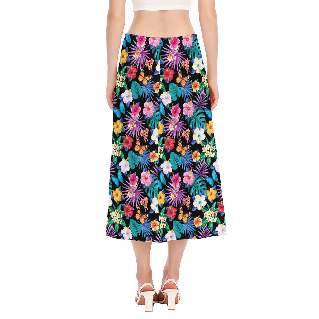 Colorful Tropical Jungle Hawaiian Print Side Slit Midi Skirt
