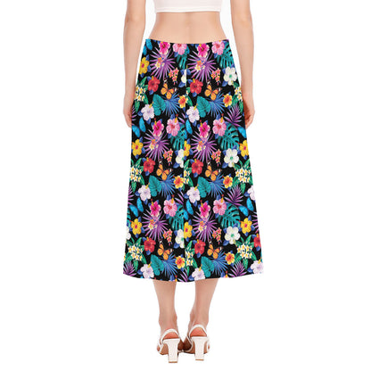 Colorful Tropical Jungle Hawaiian Print Side Slit Midi Skirt