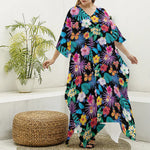 Colorful Tropical Jungle Hawaiian Print Silk V-Neck Kaftan Dress