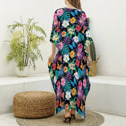 Colorful Tropical Jungle Hawaiian Print Silk V-Neck Kaftan Dress