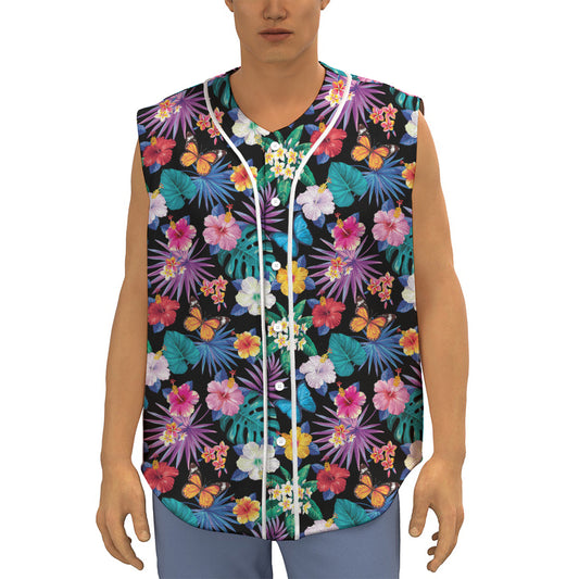 Colorful Tropical Jungle Hawaiian Print Sleeveless Baseball Jersey