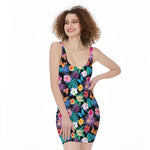 Colorful Tropical Jungle Hawaiian Print Sleeveless Bodycon Dress