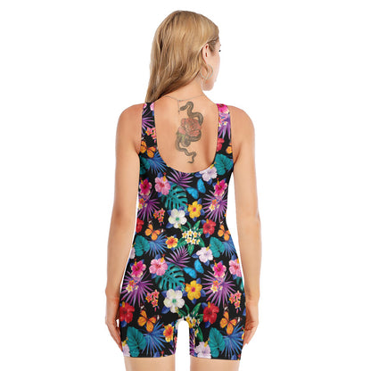 Colorful Tropical Jungle Hawaiian Print Sleeveless One Piece Swimsuit