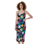 Colorful Tropical Jungle Hawaiian Print Slim Fit Midi Cami Dress