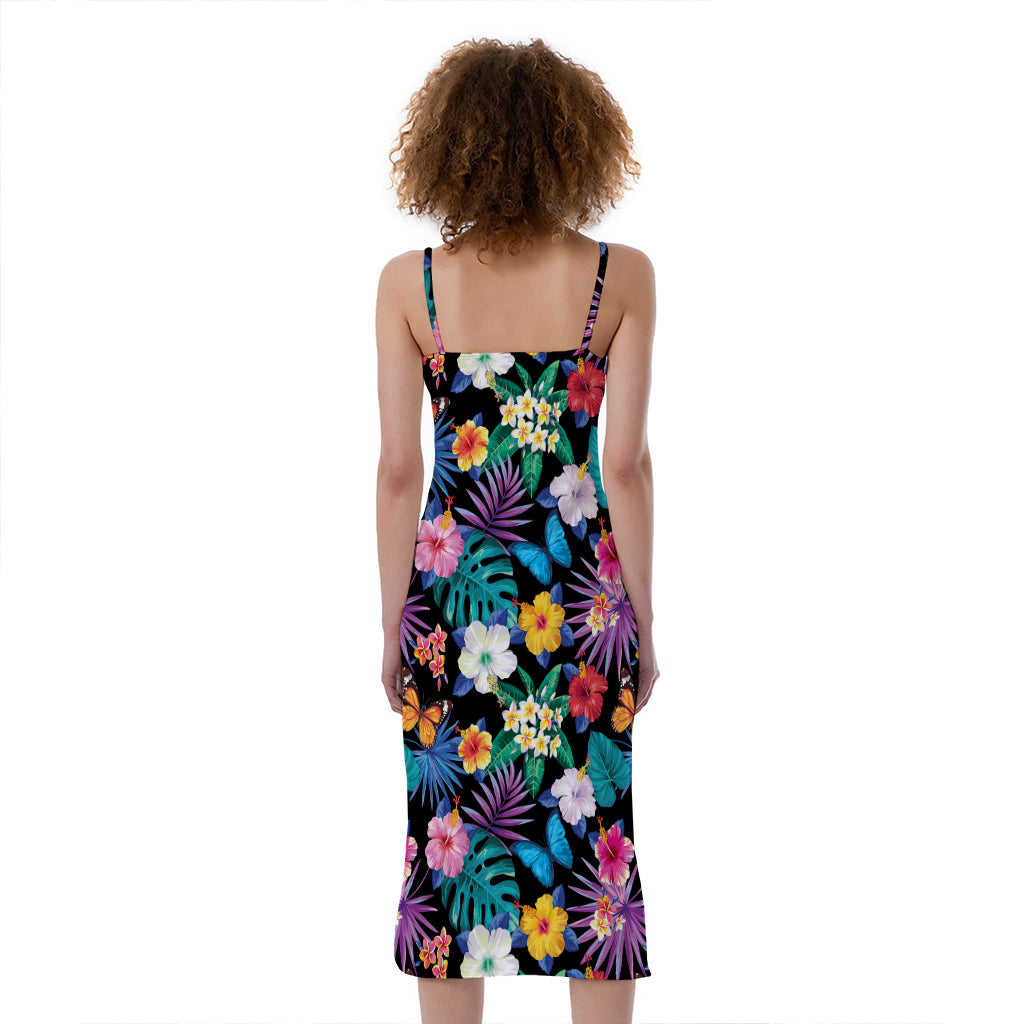 Colorful Tropical Jungle Hawaiian Print Slim Fit Midi Cami Dress