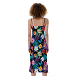 Colorful Tropical Jungle Hawaiian Print Slim Fit Midi Cami Dress