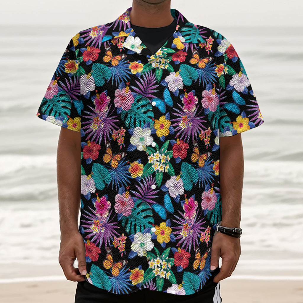 Colorful Tropical Jungle Hawaiian Print Textured Short Sleeve Shirt