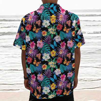 Colorful Tropical Jungle Hawaiian Print Textured Short Sleeve Shirt