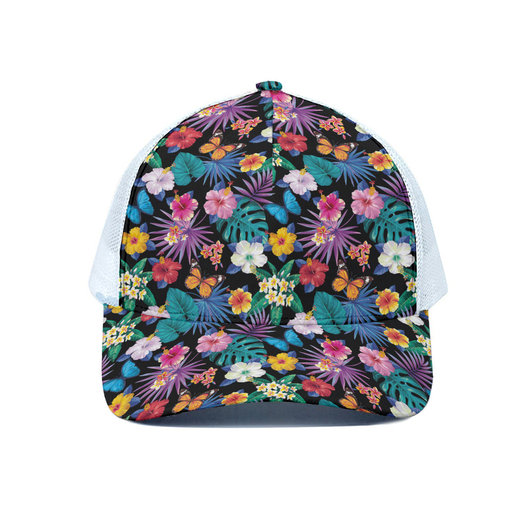 Colorful Tropical Jungle Hawaiian Print White Mesh Trucker Cap