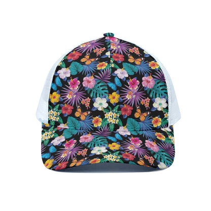 Colorful Tropical Jungle Hawaiian Print White Mesh Trucker Cap