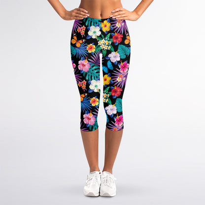 Colorful Tropical Jungle Hawaiian Print Women's Capri Leggings