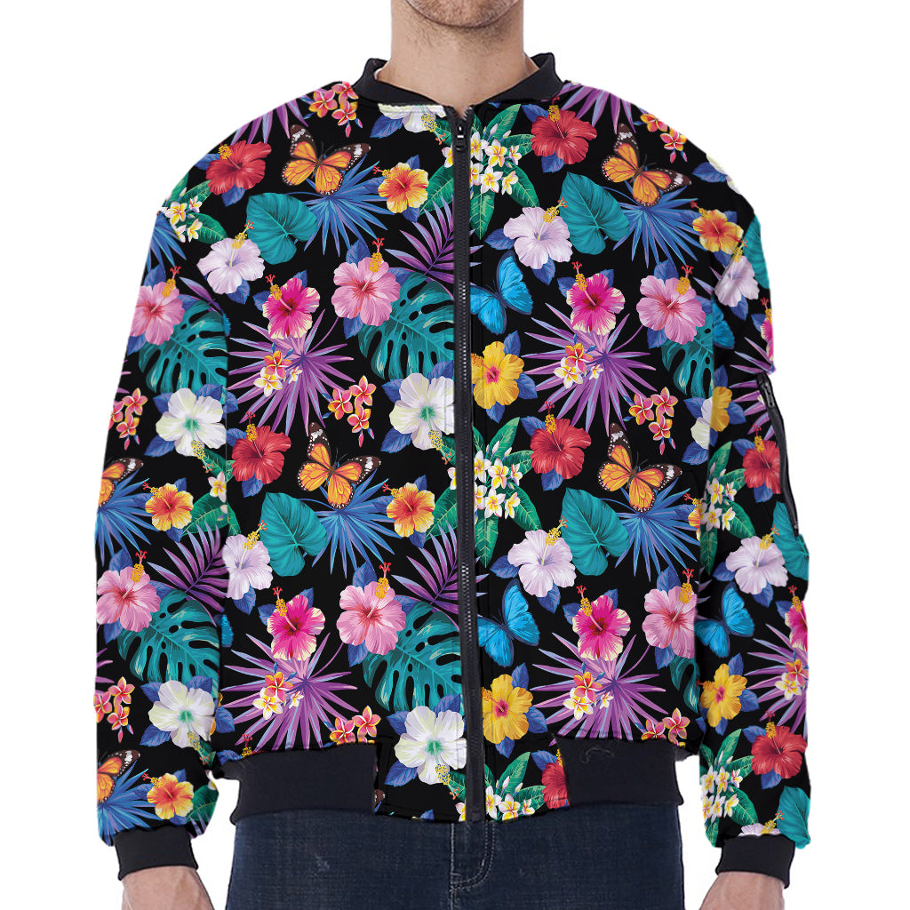 Colorful Tropical Jungle Hawaiian Print Zip Sleeve Bomber Jacket