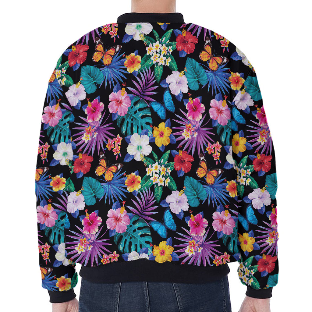 Colorful Tropical Jungle Hawaiian Print Zip Sleeve Bomber Jacket