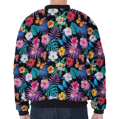 Colorful Tropical Jungle Hawaiian Print Zip Sleeve Bomber Jacket