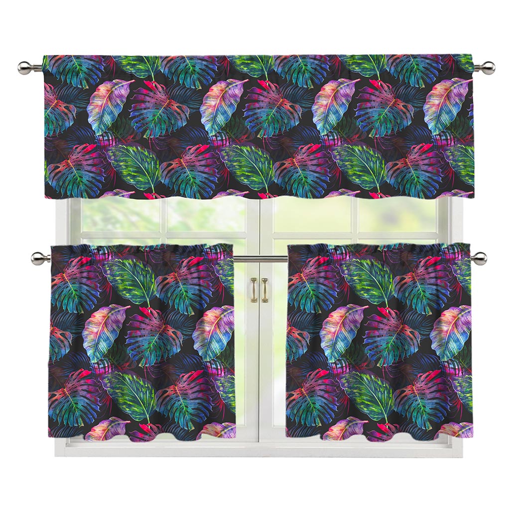 Colorful Tropical Leaves Pattern Print 3 Piece Kitchen Curtains