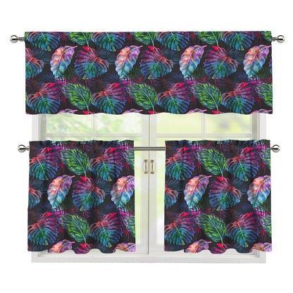 Colorful Tropical Leaves Pattern Print 3 Piece Kitchen Curtains