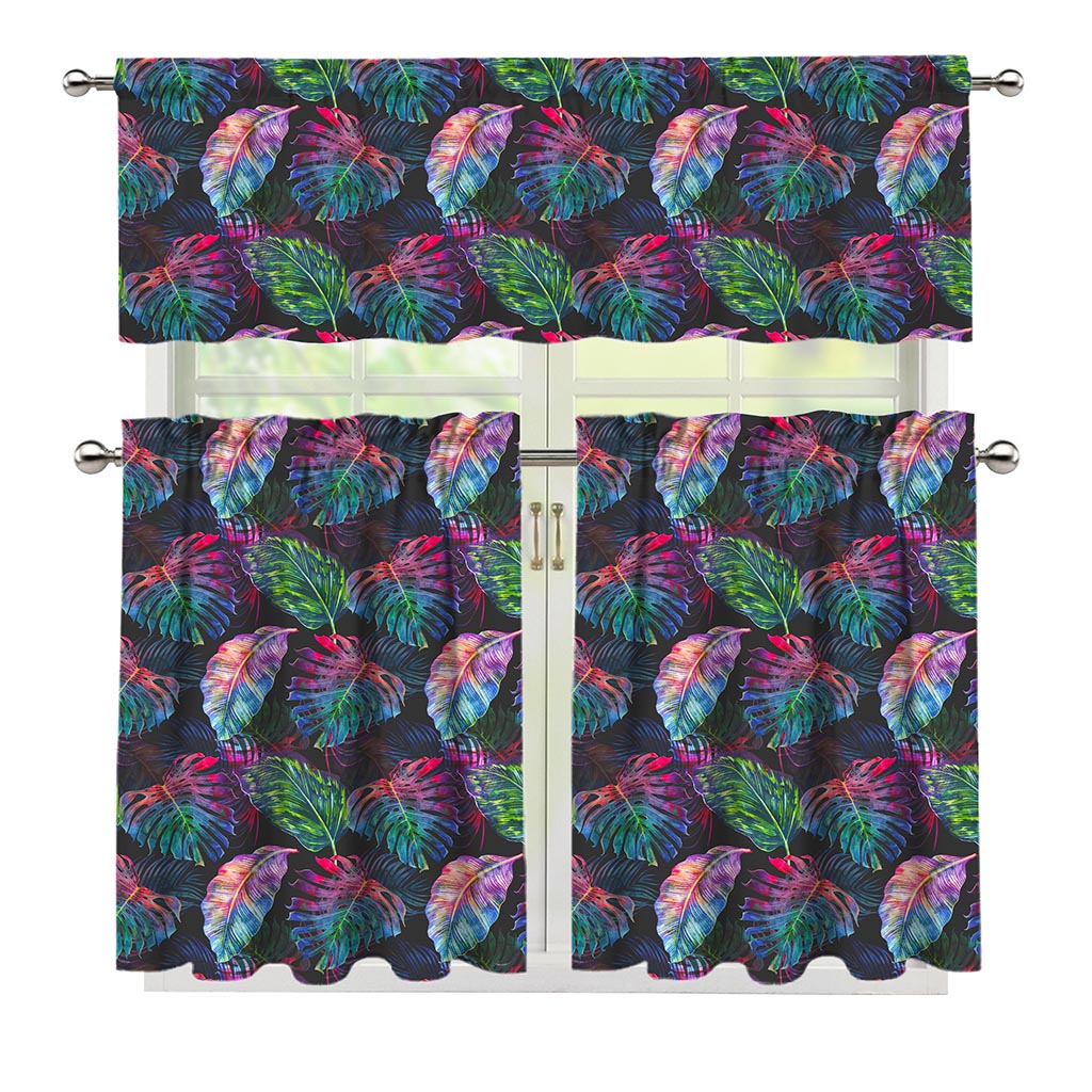 Colorful Tropical Leaves Pattern Print 3 Piece Kitchen Curtains