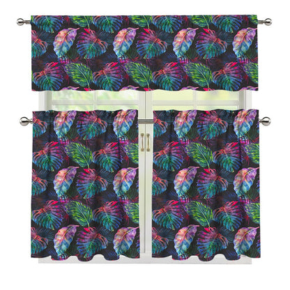 Colorful Tropical Leaves Pattern Print 3 Piece Kitchen Curtains